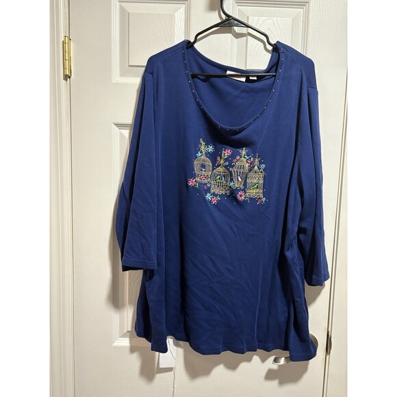 Quacker Factory Plus Size Blue 3/4 Sleeve Birdcage Embroidery And Rhinestones 3X - Picture 1 of 8